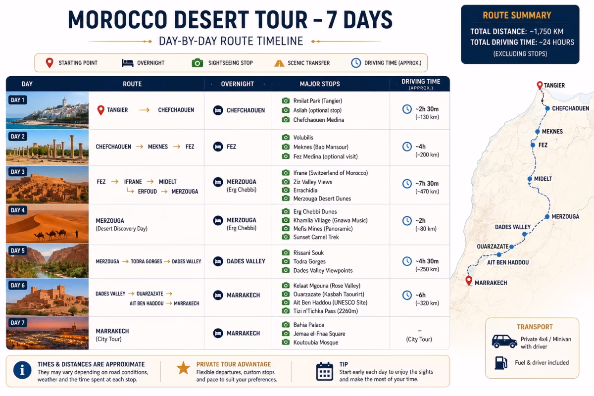 Day-by-day Morocco tour route timeline with starting point, overnight stays, sightseeing stops, and transfer times.