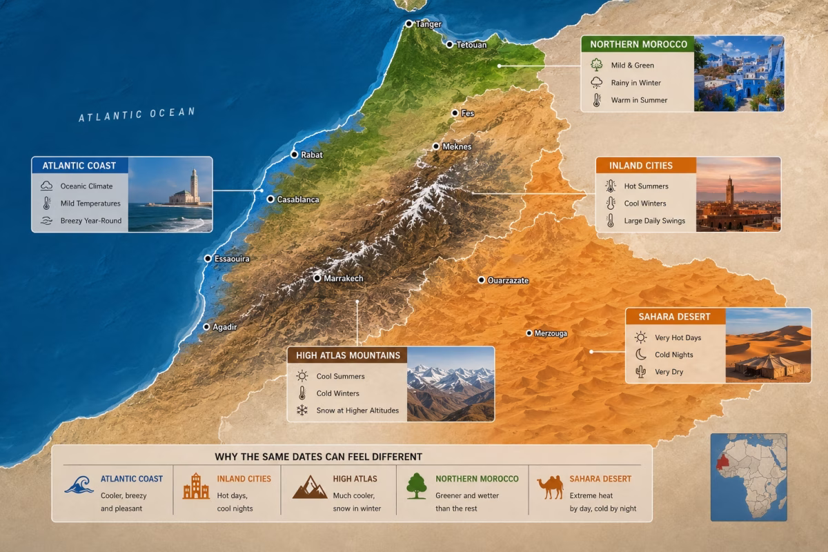 Morocco climate-region map showing the Atlantic coast, inland cities, High Atlas Mountains, northern Morocco, and the Sahara Desert, illustrating how weather conditions vary across the country.