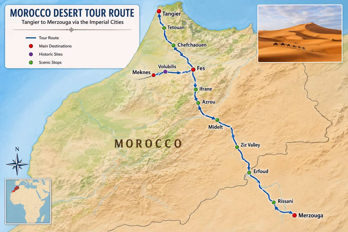 Morocco route map showing Tangier, Tetouan, Chefchaouen, Fes, Ifrane, Azrou, Midelt, Ziz Valley, Erfoud, Merzouga, Rissani, Meknes, and Volubilis