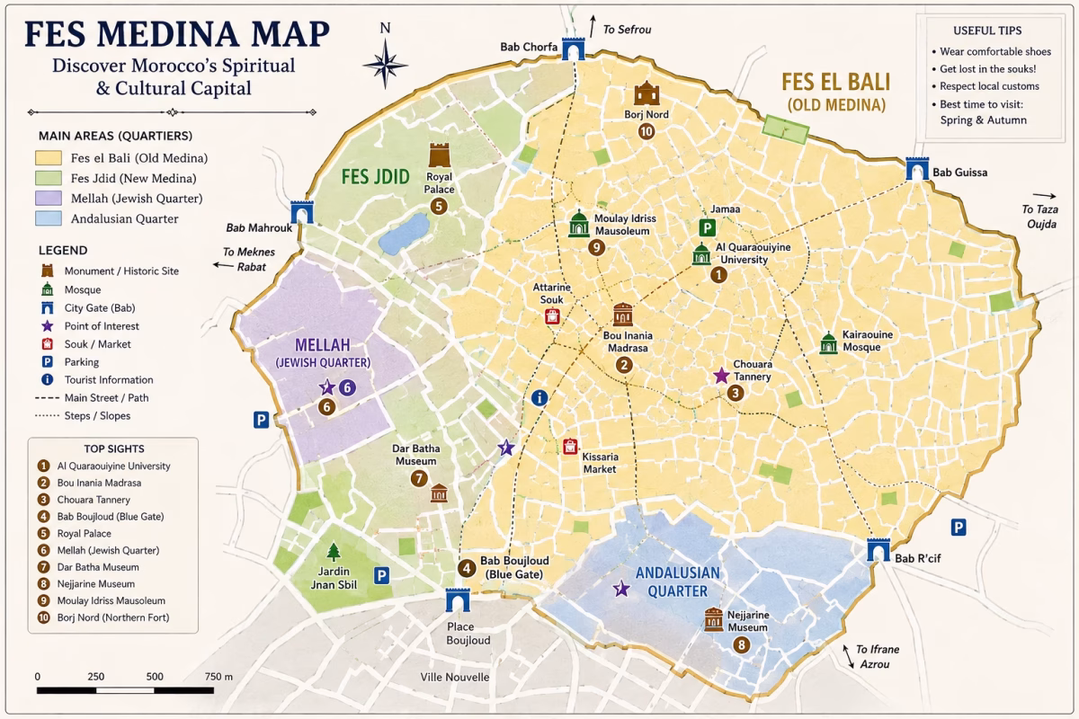 Illustrated map of the Fes medina showing historic areas and major sightseeing points