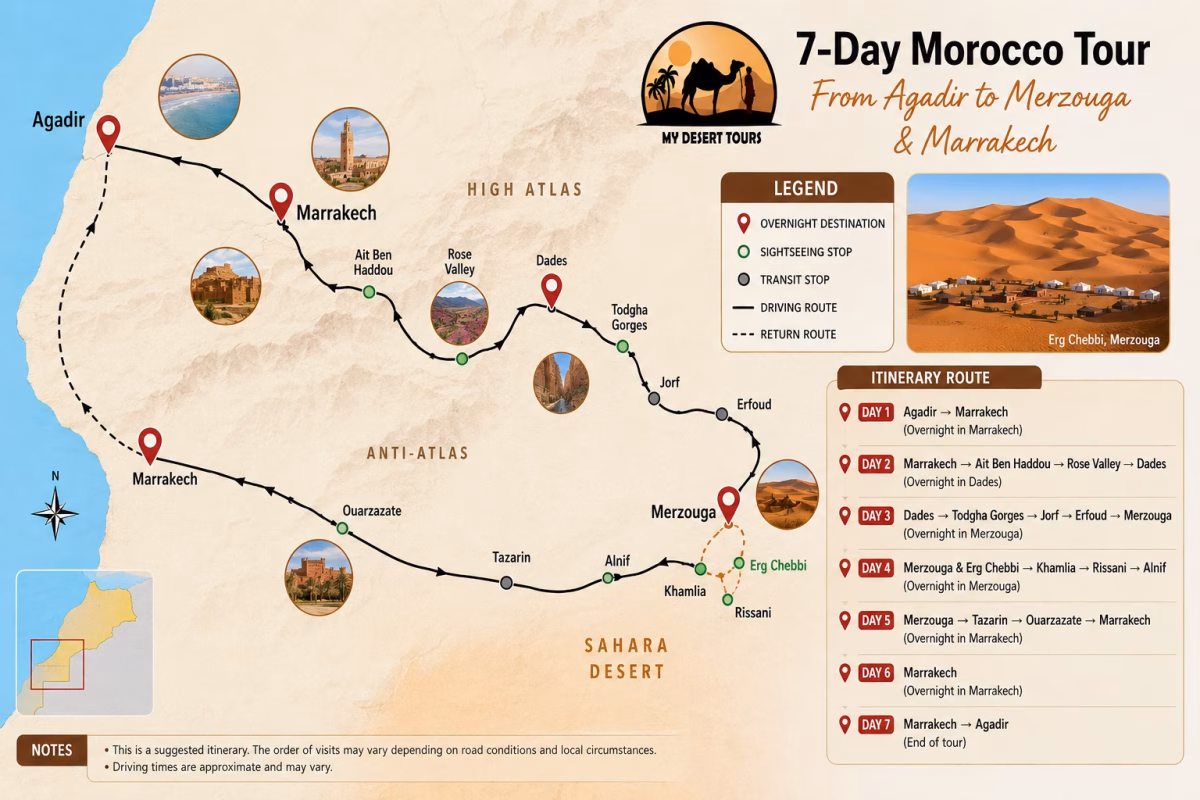 7-day Morocco desert tour route map from Agadir to Marrakech, Merzouga and Erg Chebbi