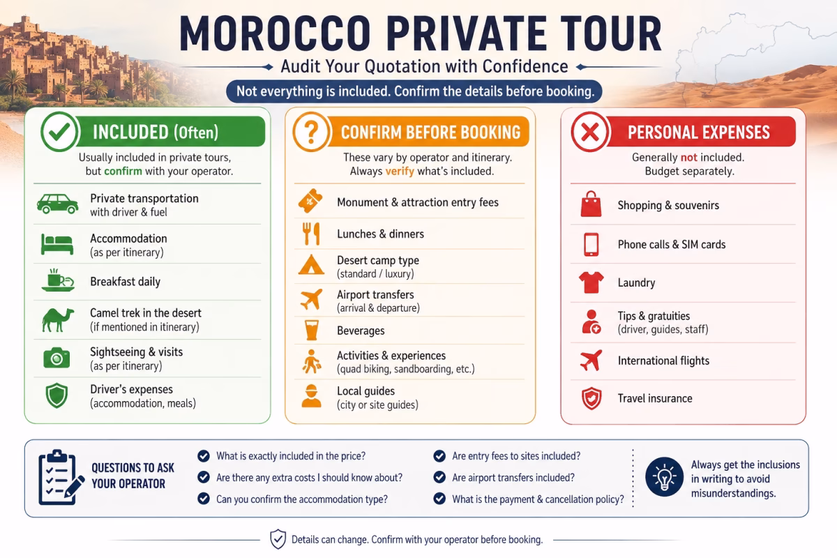 Morocco private tour quotation guide showing included items, booking details to confirm, and personal expenses.
