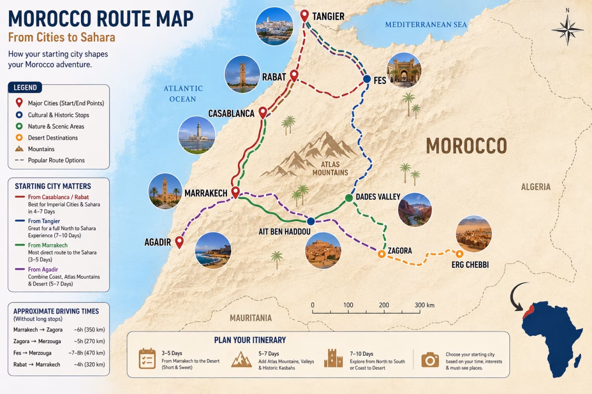 Morocco route map showing Casablanca, Rabat, Tangier, Fes, Marrakech, Agadir, Atlas Mountains, Ait Ben Haddou, Dades Valley, Zagora, Merzouga and Erg Chebbi.