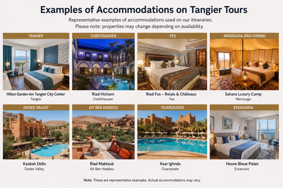Representative accommodation examples for Tangier-origin Morocco tours, including hotels, riads, desert camps and guesthouses.