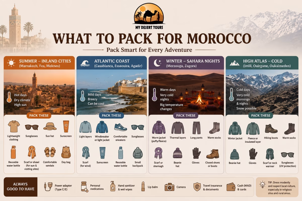 Morocco packing infographic comparing essential clothing and travel items for hot inland summers, the Atlantic coast, cold Sahara nights, and chilly High Atlas conditions.
