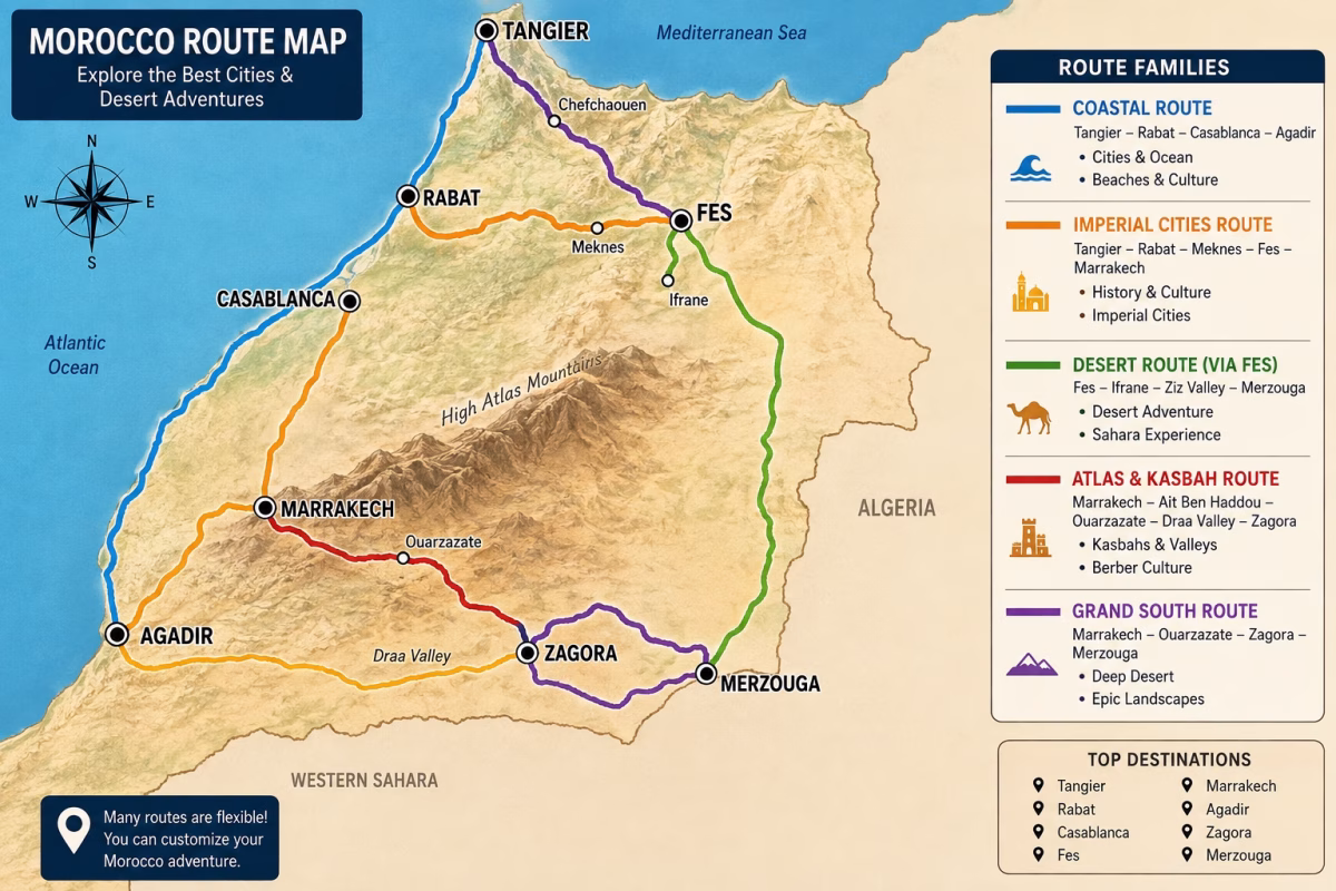 Morocco route map showing Marrakech, Fes, Casablanca, Tangier, Agadir, Rabat, Zagora and Merzouga