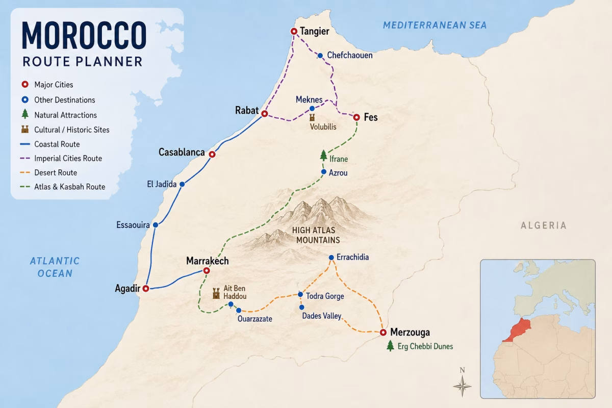 Morocco route planning map showing Marrakech Fes Casablanca Tangier Merzouga and major destinations