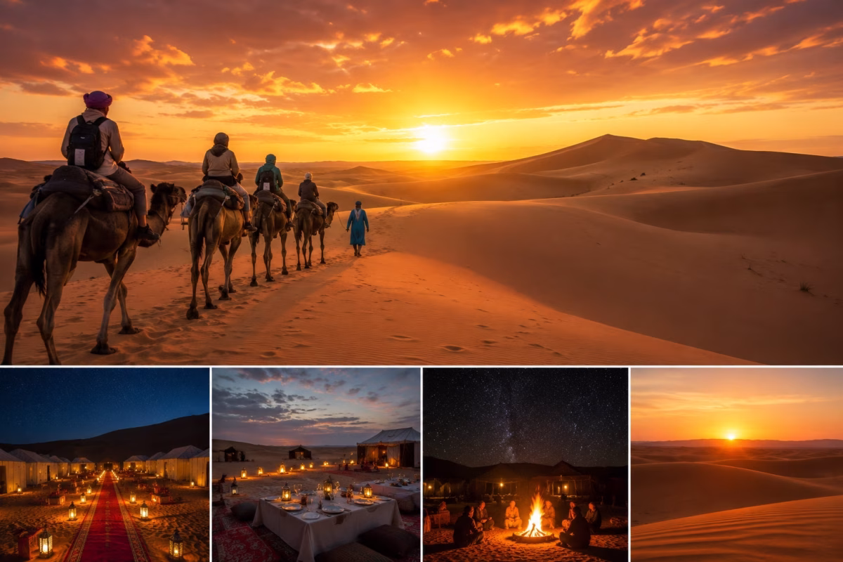 Merzouga desert experience with camel trekking at sunset, luxury desert camp, dinner under the stars and Sahara sunrise