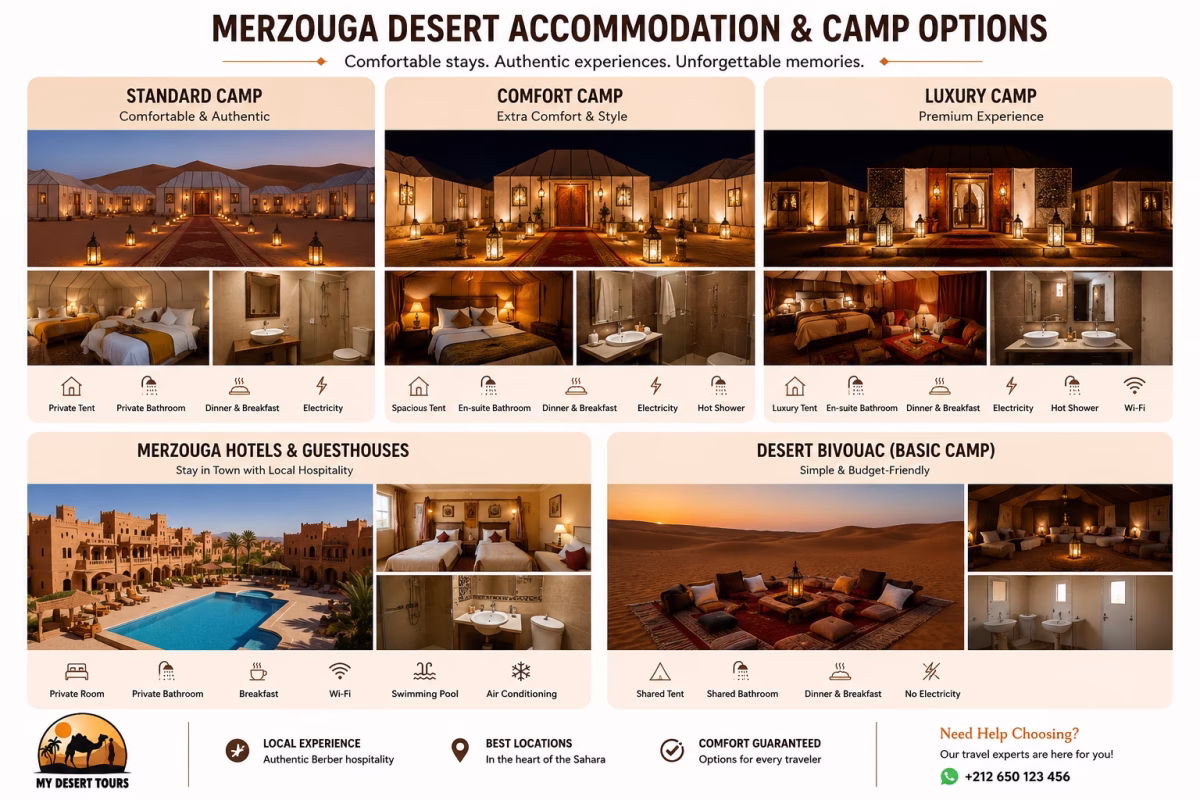 Merzouga desert accommodation and camp options showing standard, comfort, luxury, hotel, guesthouse, and basic bivouac facilities