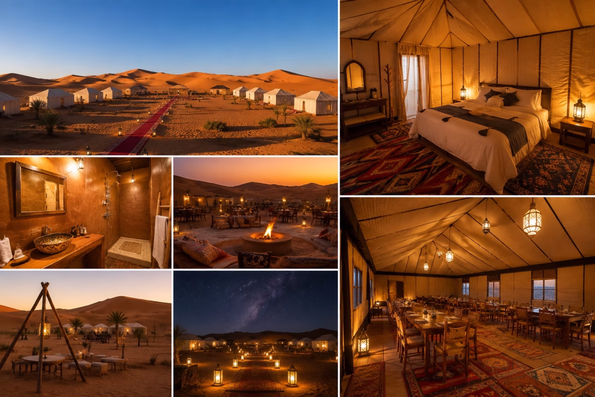 Merzouga desert camp with tents, sleeping accommodation, bathroom, dining area and Sahara surroundings