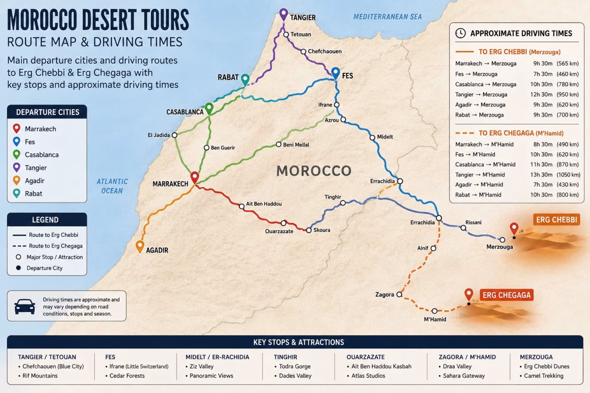 Morocco desert tour route map from Marrakech, Fes, Casablanca, Tangier, Agadir, and Rabat to Erg Chebbi and Erg Chegaga
