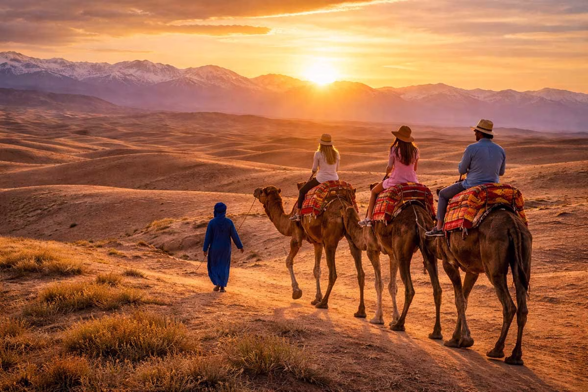 Camel experience at sunset during a Morocco desert journey