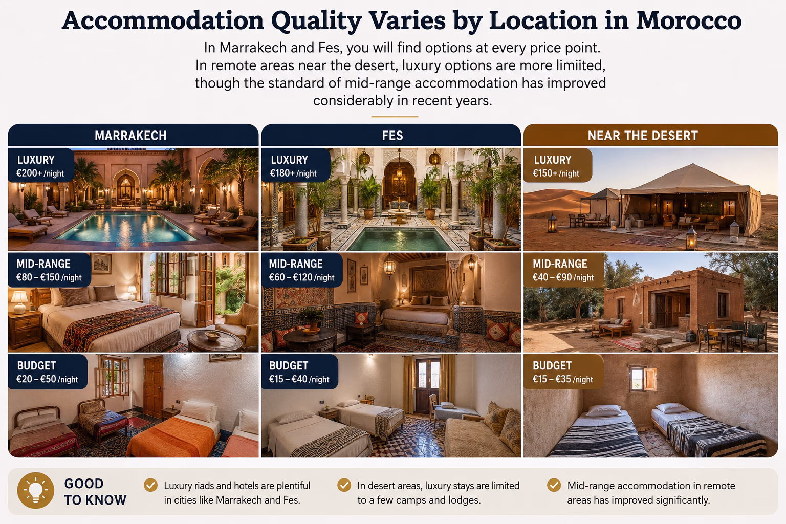 Accommodation options in Marrakech, Fes, and Morocco’s desert regions