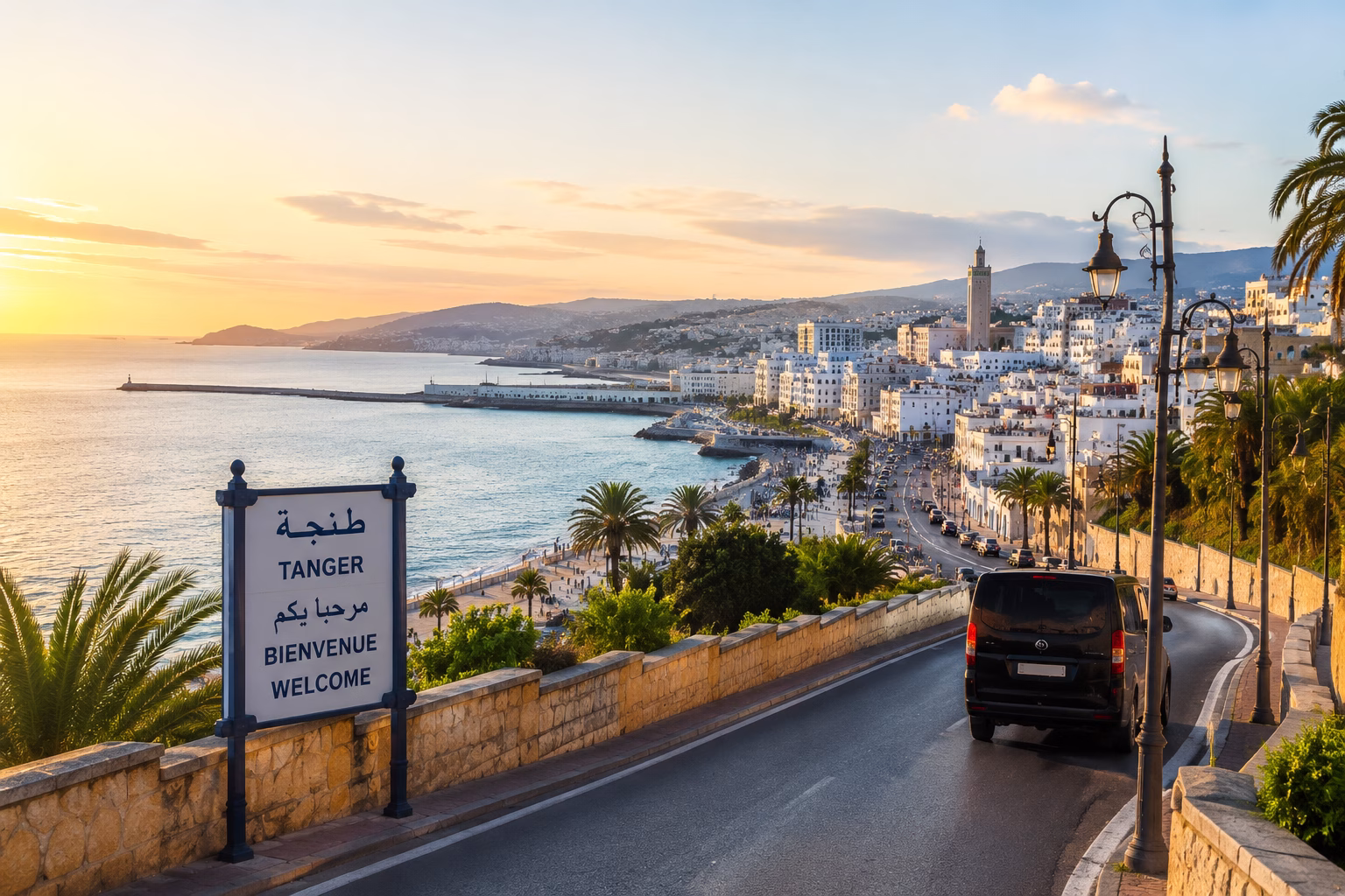 Scenic Tangier coastline and city skyline at sunset on the final day of a Morocco desert tour returning to Tangier